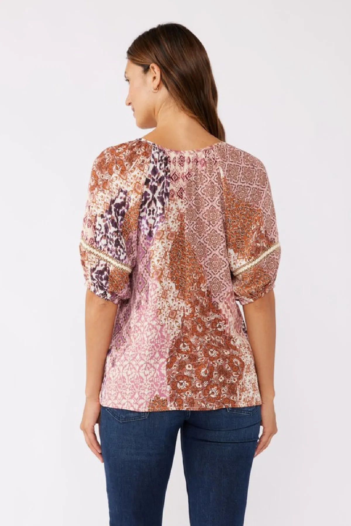 Brenda Puff Sleeve Abstract Print Top Mauve