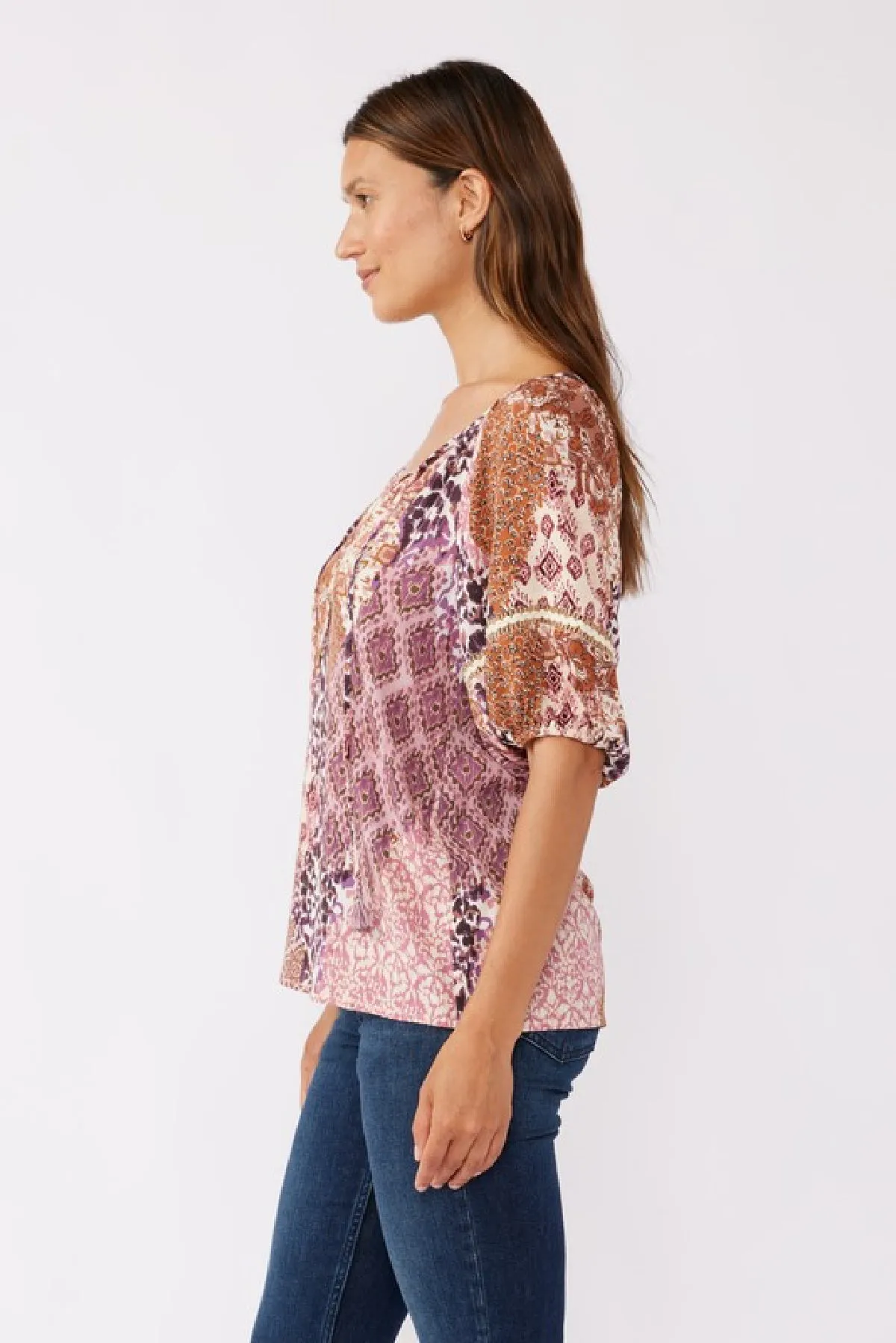 Brenda Puff Sleeve Abstract Print Top Mauve