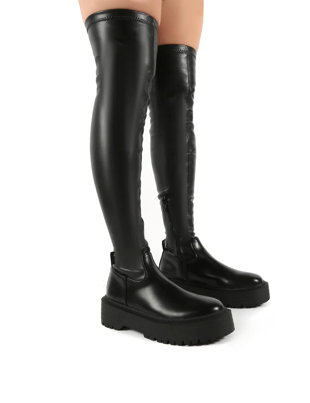 Charly Black Pu Chunky Sole Over The Knee Boots