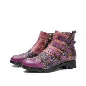 CrazycatZ Womens  Boots Bohemian Block Heels Leather Boots Colorful Leather Ankle Boots Purple