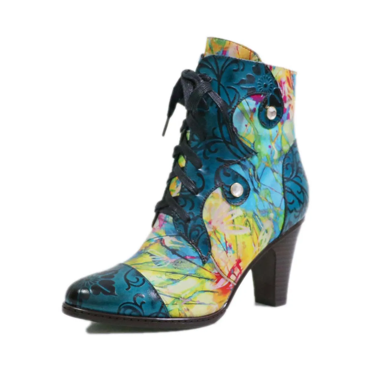 CrazycatZ Womens Leather Ankle Boots Bohemian Block Heel Colorful Floral Leather Boots Light Green