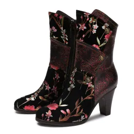 CrazycatZ Womens Leather Ankle Boots Bohemian Block Heel Colorful Floral Leather Boots Red Floral