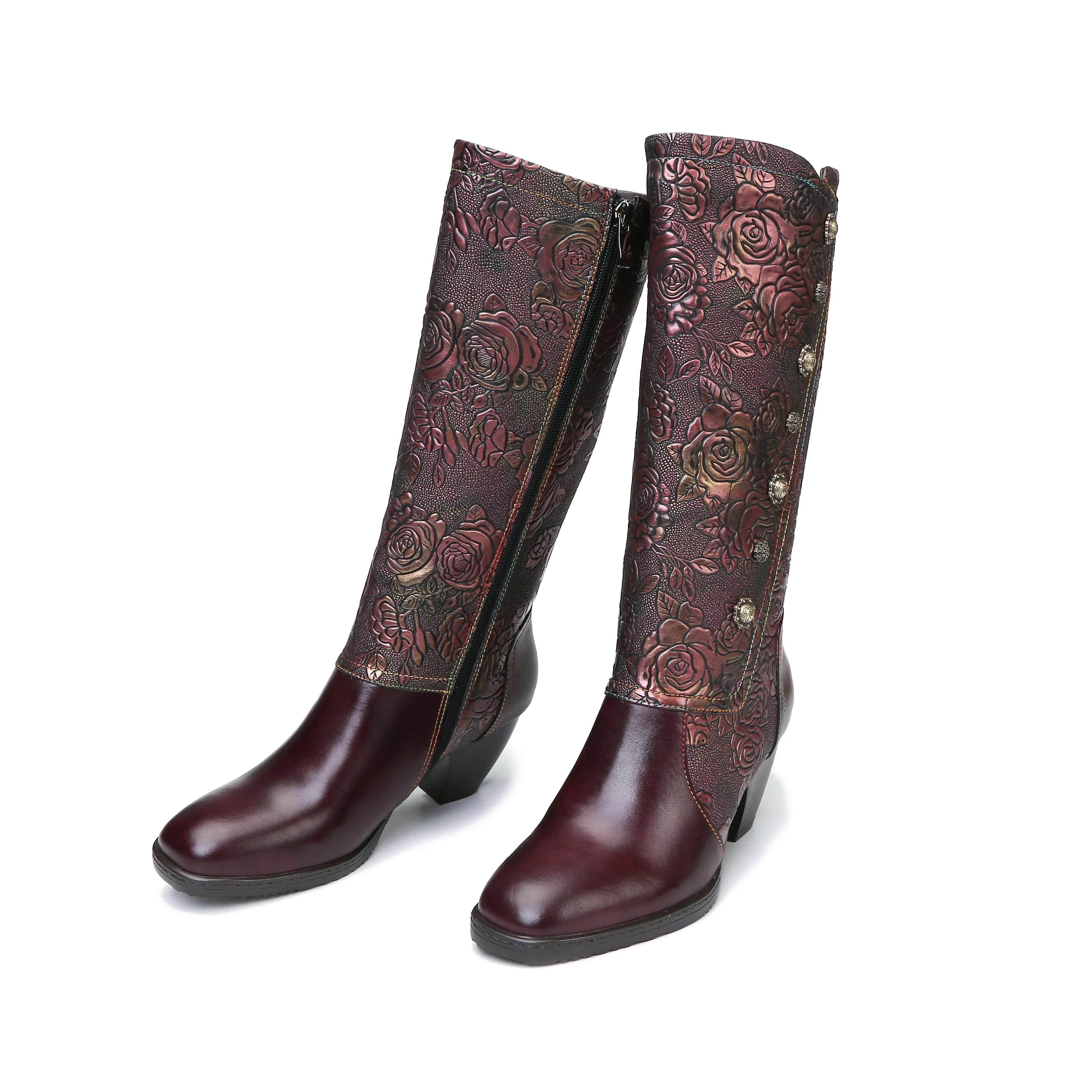 CrazycatZ Womens Leather  Knee High Boots Patterned Long Boots Vintage Boots Purple