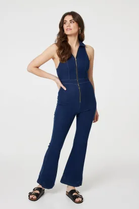 Denim Zip Front Flared Jumpsuit