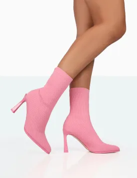 Farah Pink Knitted Pointed Toe Stiletto Heel Ankle Sock Boots