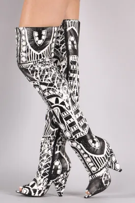 Graphic Print Peep Toe Cone Heeled Over-The-Knee Boots