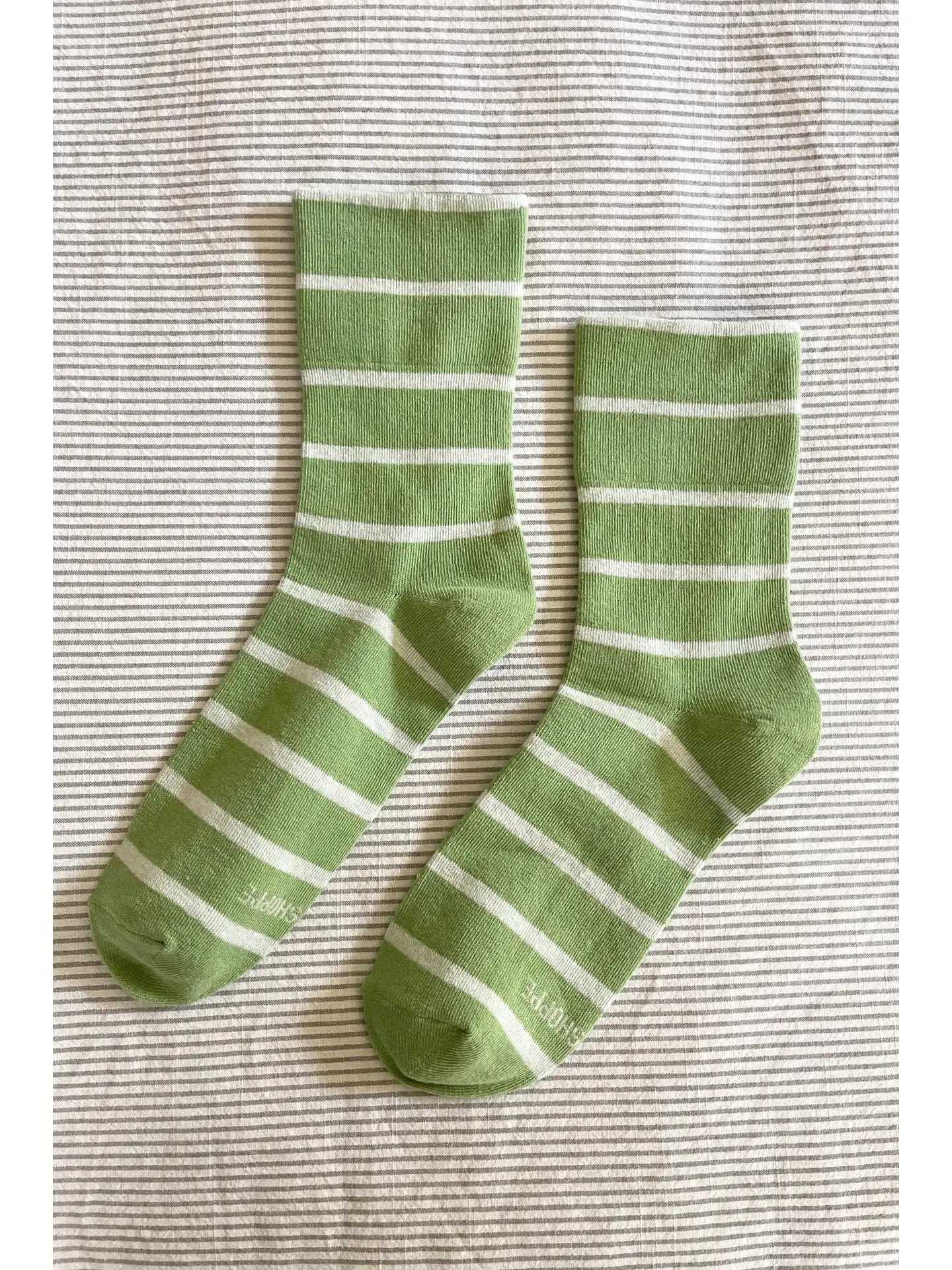 Green & White Striped Cotton Ankle Socks