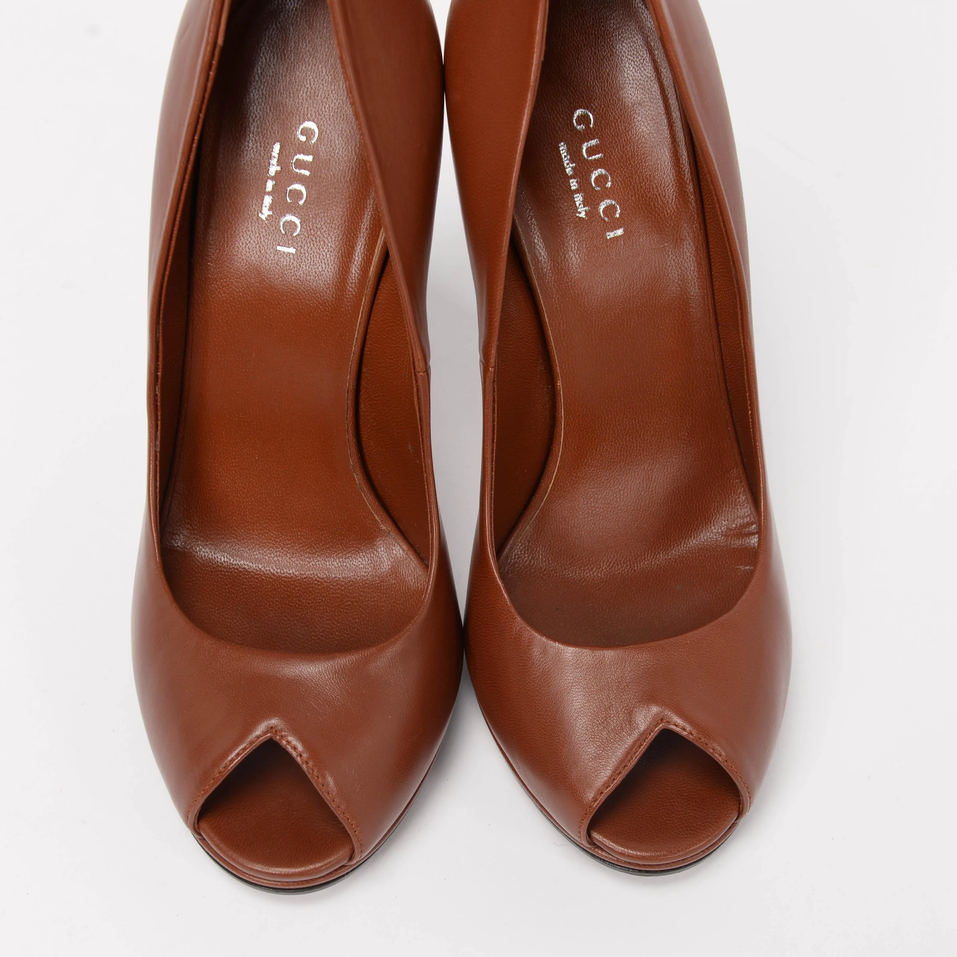 Gucci Tan Nappa Horsebit Heel Peep Toe Pumps 36.5