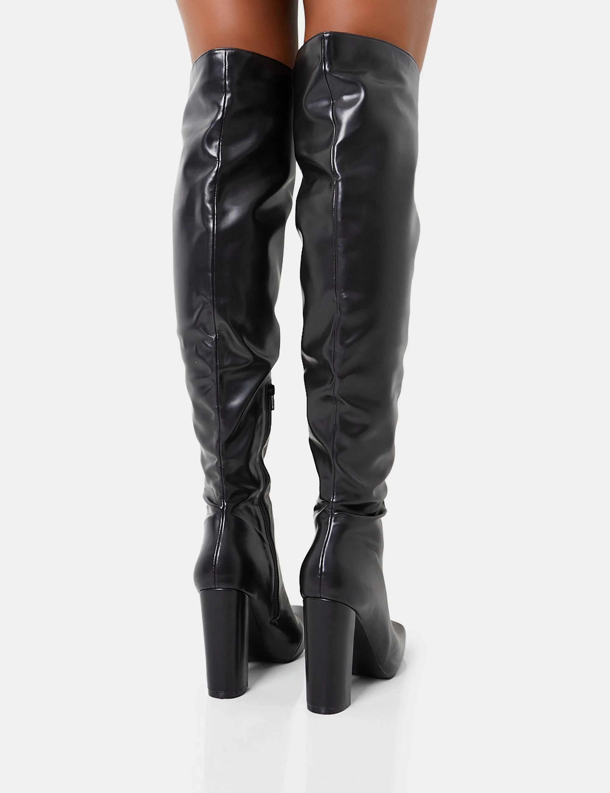 Lasta Black Pu Rounded Square Toe Block Heeled Over The Knee Boots