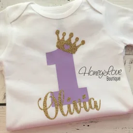 Personalized First Birthday Princess Bodysuit - Lavender Purple and Gold glitter