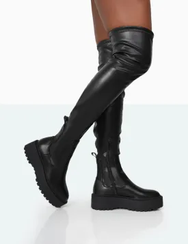 Pheonixe Black Pu Chunky Sole Round Toe Over The Knee Boots