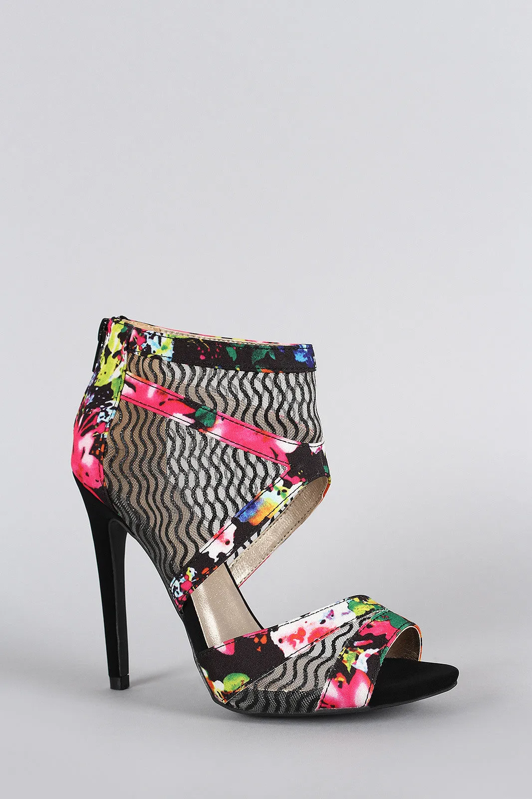 Qupid Floral Wavy Semi-Sheer Mesh Cuff Peep Toe Stiletto Heel