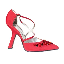 Red Rhinestone and Beaded Ankle Strap Pumps