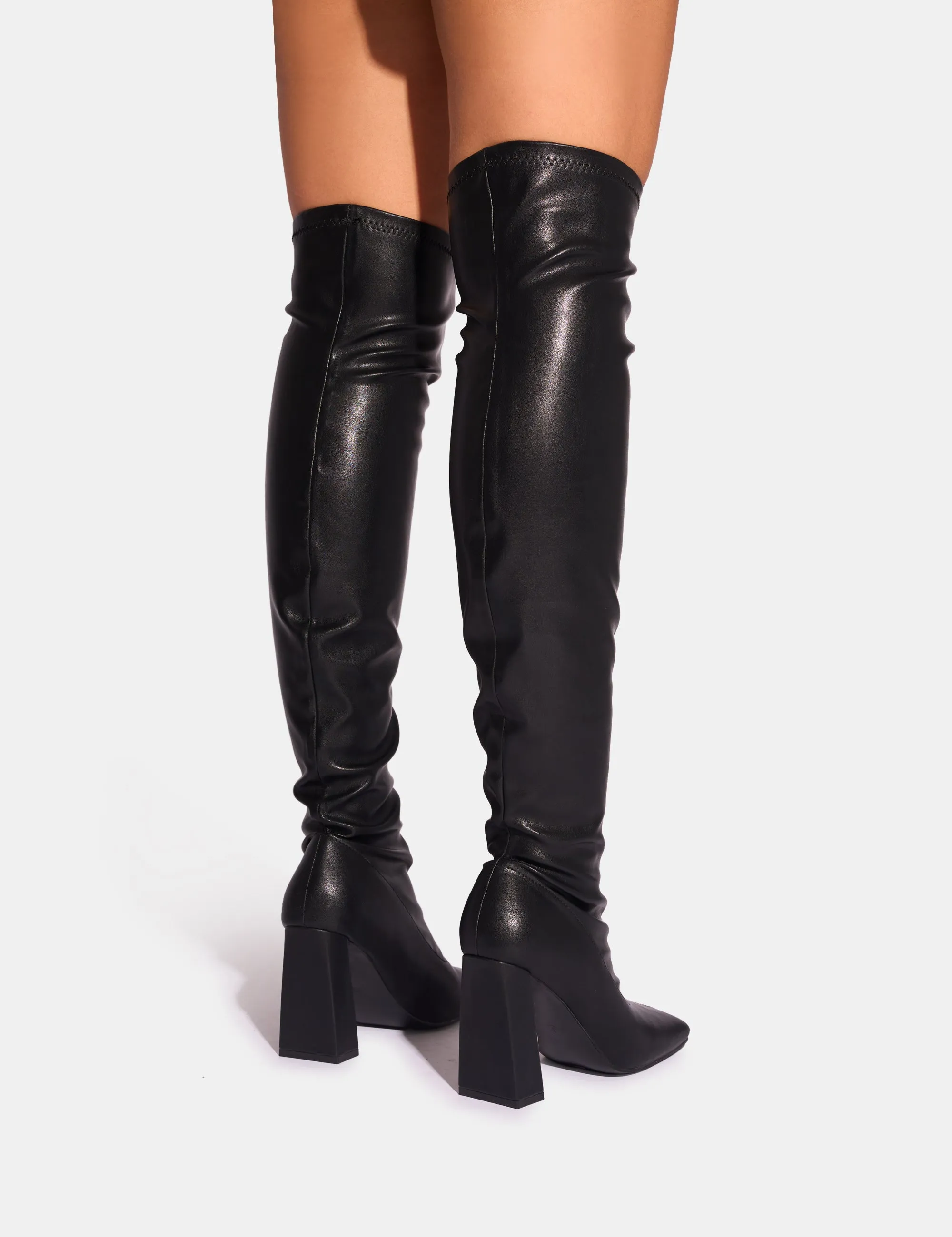 Showoff Black Pu Block Heel Over the Knee Boot