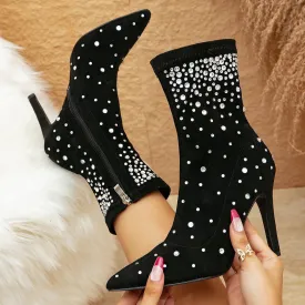 Suede Rhinestone Stiletto Heel Ankle Boots