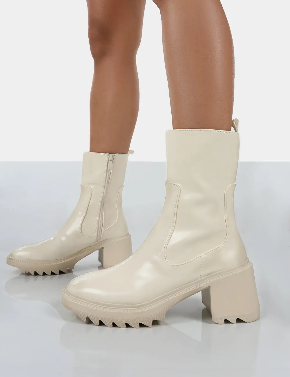 Sway Ecru PU Heeled Wellies Platform Chunky Sole Block Ankle Boots