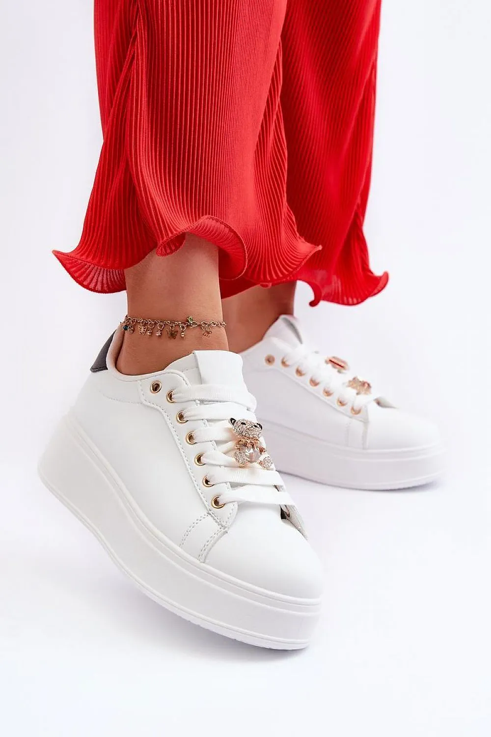 TEEK - Bejeweled Lace White Platform Sneakers