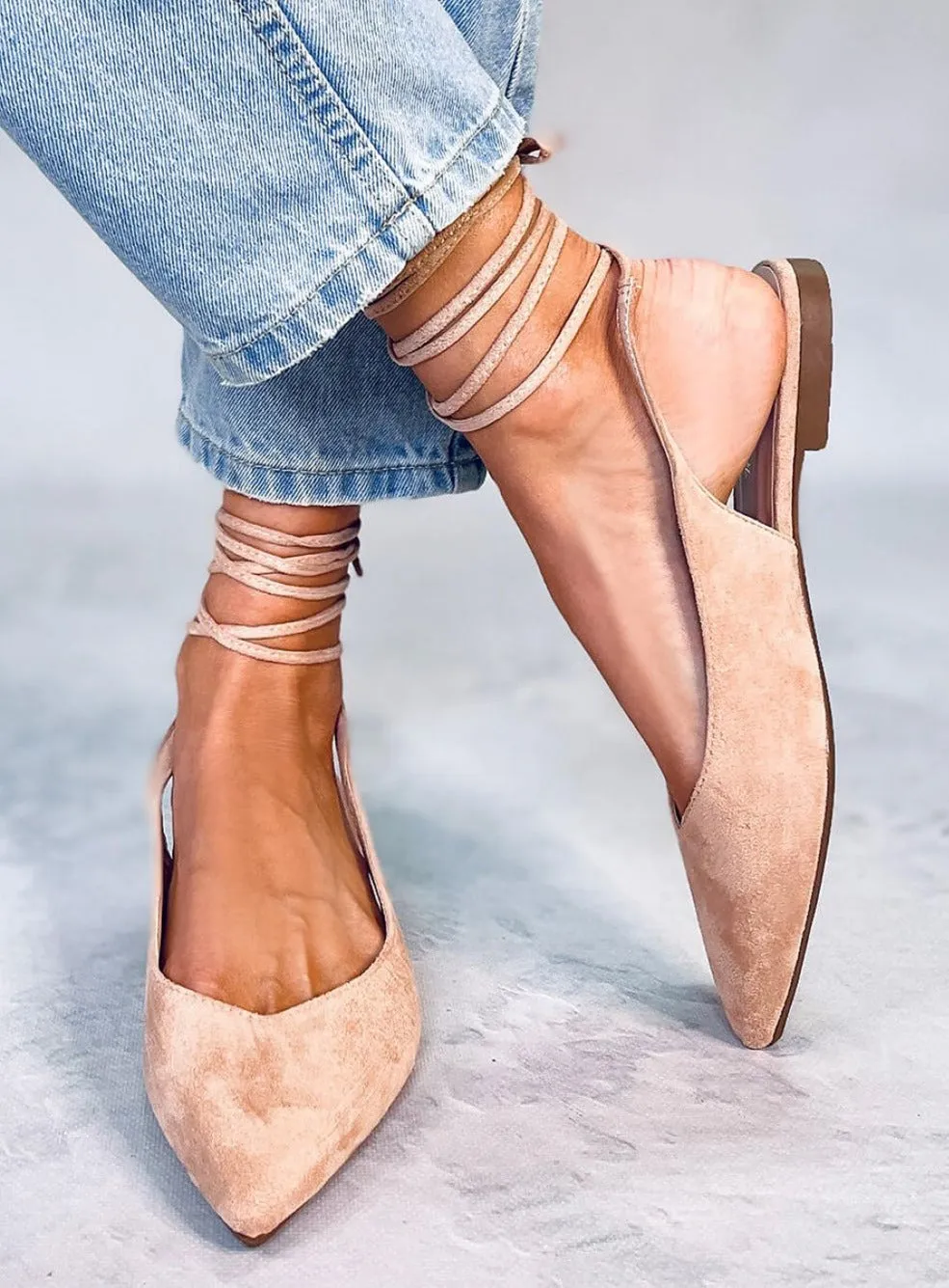 TEEK - Blush Pink Suede Ballet Ankle Tie Flats