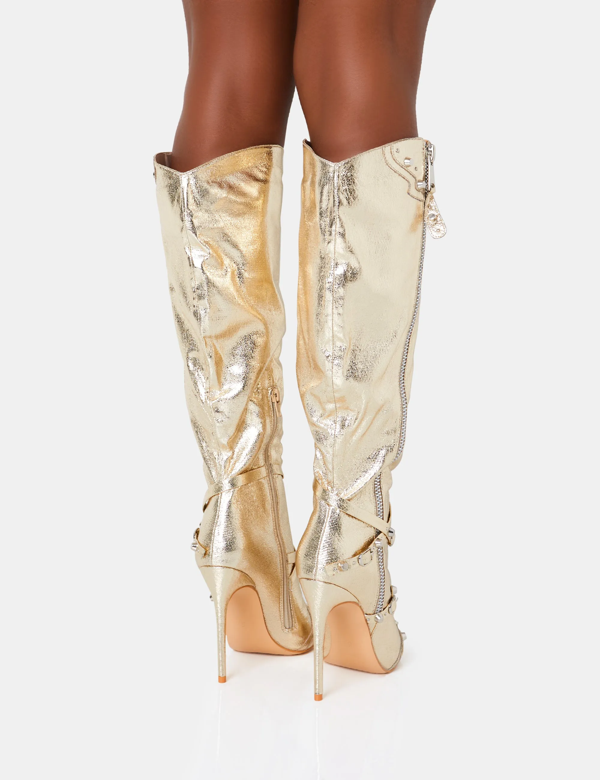 Worthy Metallic Gold Studded Zip Detail Stiletto Knee High Boots