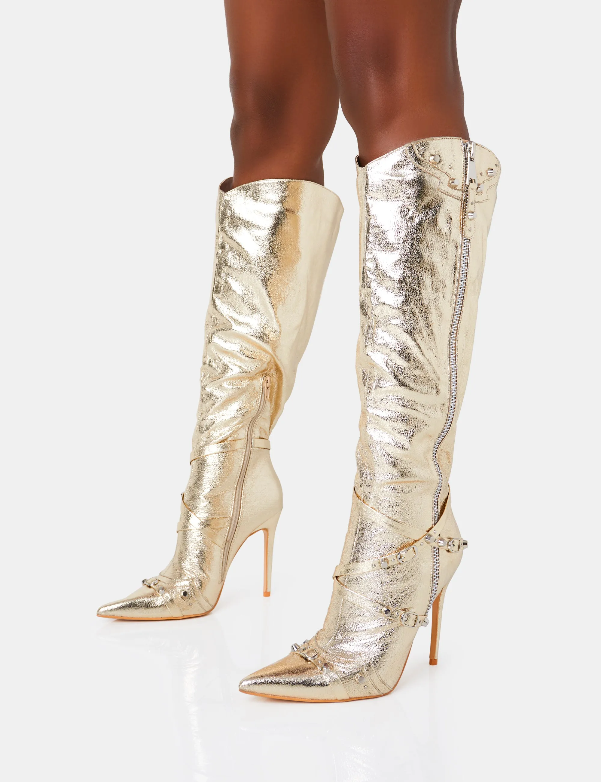 Worthy Metallic Gold Studded Zip Detail Stiletto Knee High Boots