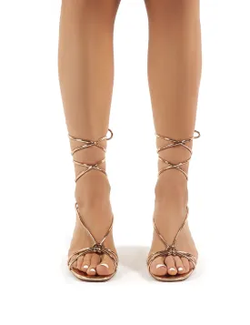 Yola Rose Gold Strappy Block Heeled Lace Up Sandals