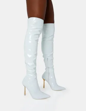 Zhenya White Patent Gold Contrast Stiletto Over The Knee Boots